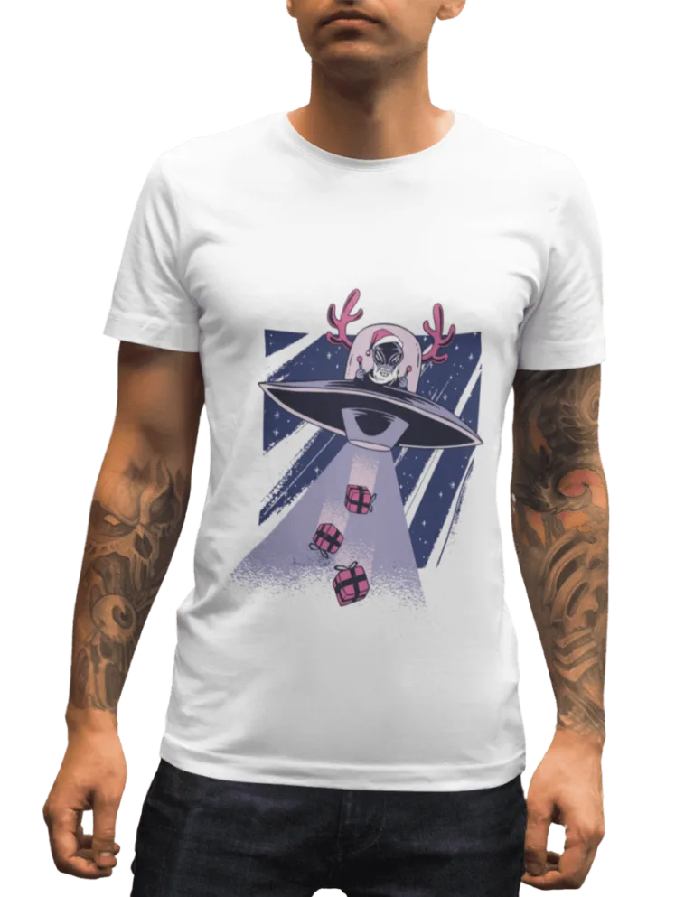 Playera Playera Blanca de Alien Santa con Regalos para Hombre