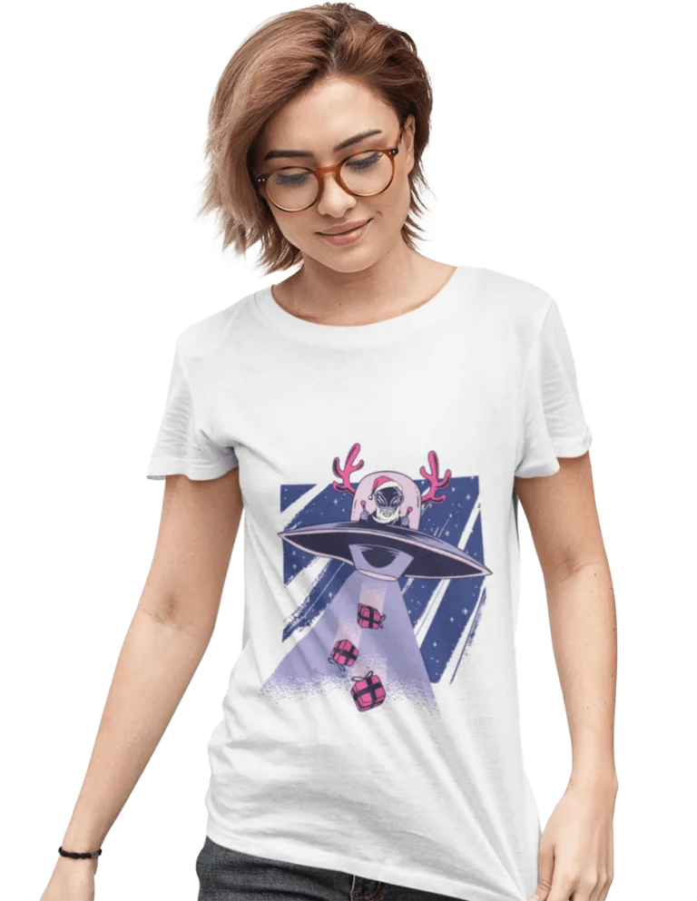 Playera Playera Blanca de Alien Santa con Regalos para Mujer