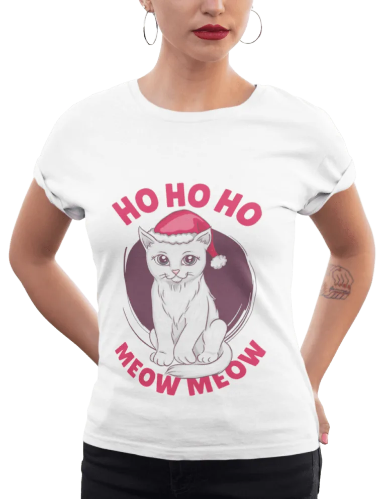 Playera Playera Blanca de Gato Navideno para Mujer