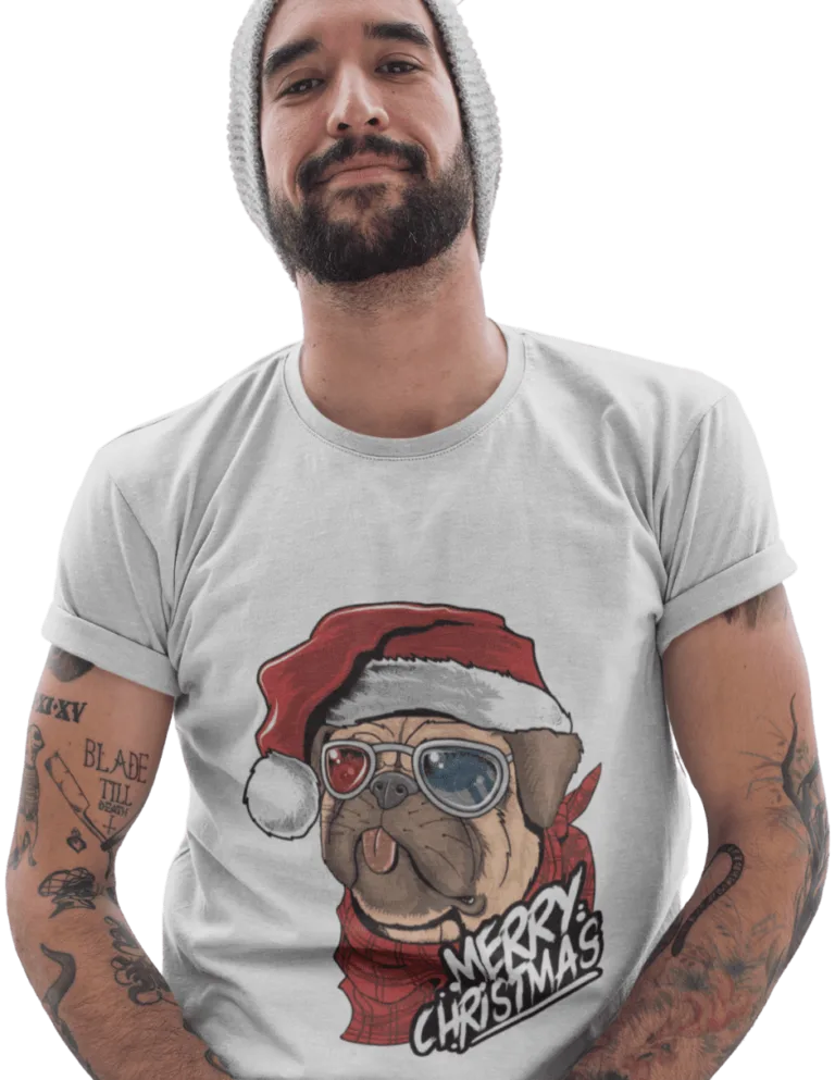 Playera Playera Blanca de Pug Navideno para Hombre