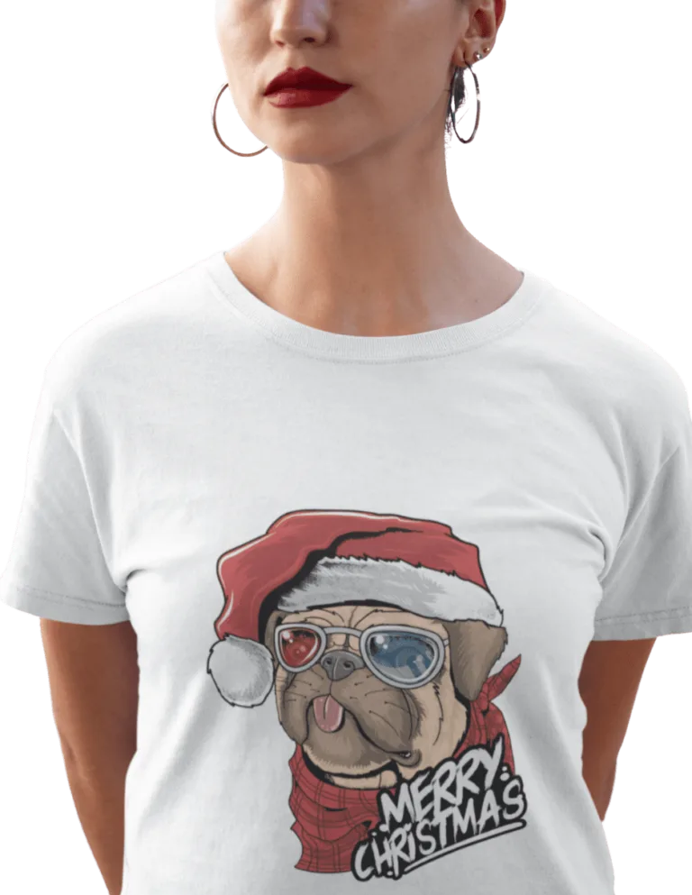 Playera Playera Blanca de Pug Navideno para Mujer