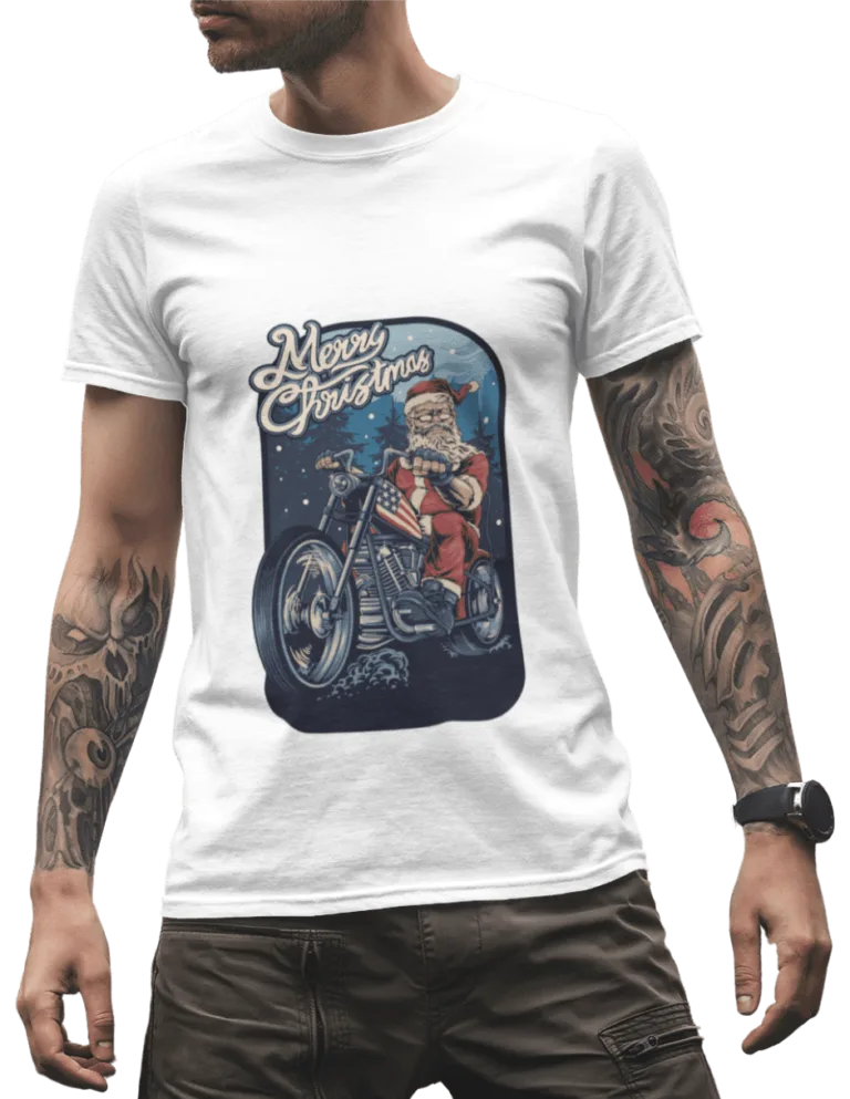 Playera Playera Blanca de Santa en Motocicleta para Hombre