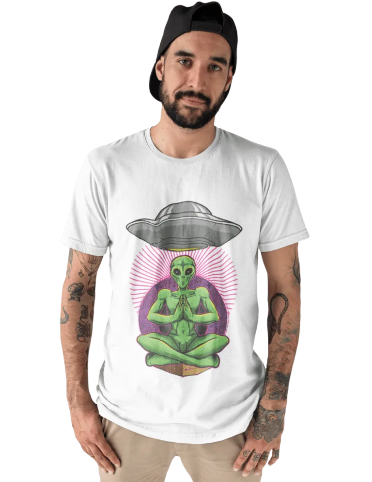 Playera Playera Blanca para Hombre de Alien Verde Meditando