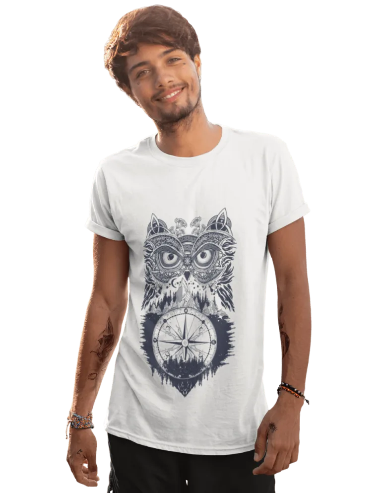 Playera Playera Blanca para Hombre de Buho con Brujula
