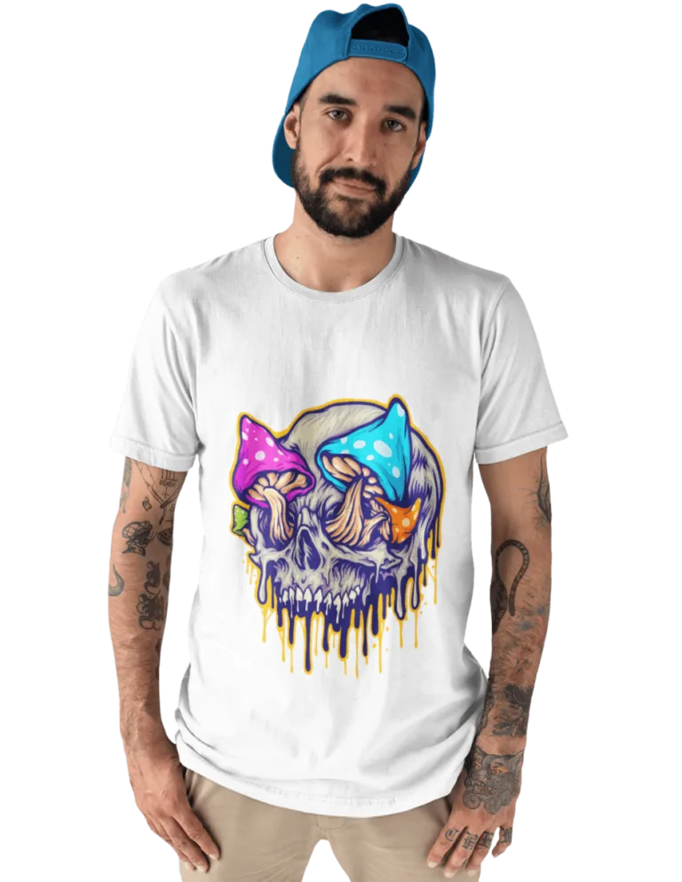 Playera Playera Blanca para Hombre de Calavera con Hongos Derretidos