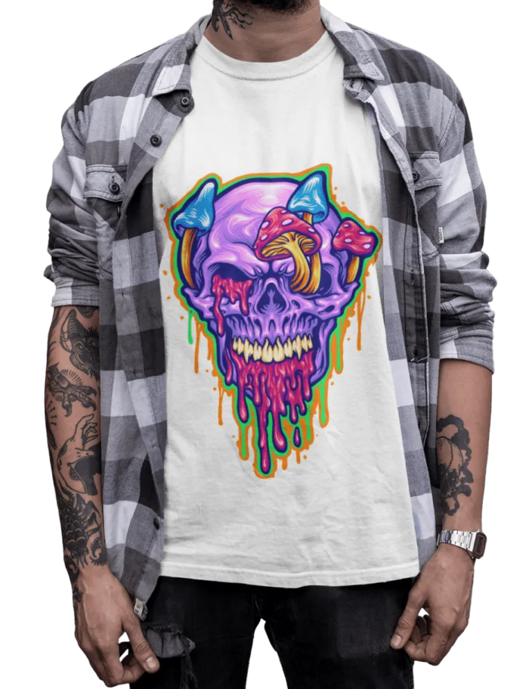 Playera Playera Blanca para Hombre de Calavera con Hongos Psychedelic