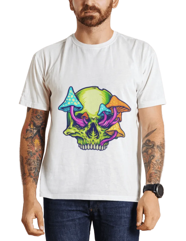 Playera Playera Blanca para Hombre de Calavera con Hongos Trippy