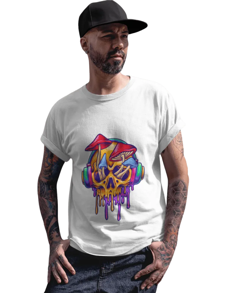 Playera Playera Blanca para Hombre de Calavera con Hongos y Audifonos