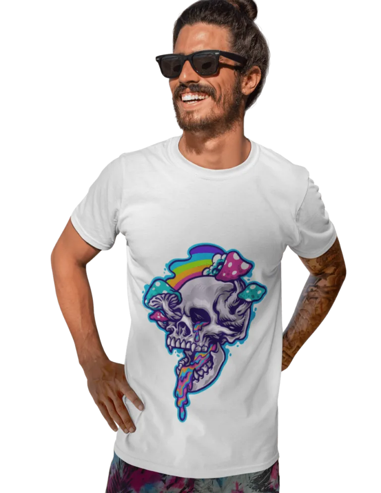 Playera Playera Blanca para Hombre de Calavera con Hongos y vomito Psicodelico
