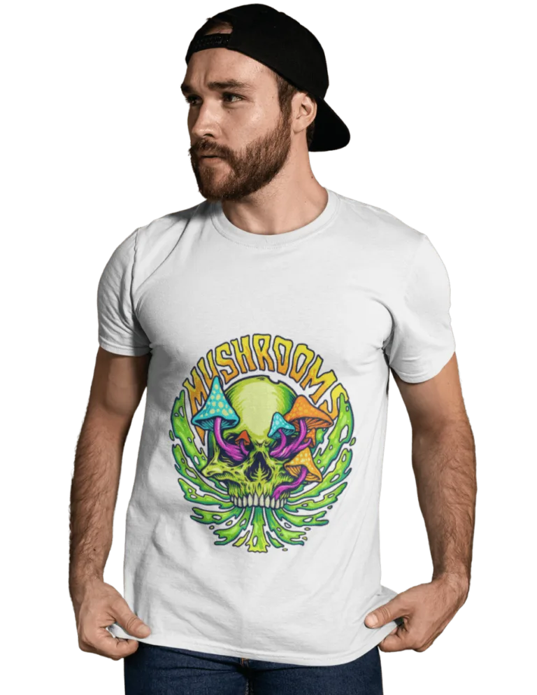 Playera Playera Blanca para Hombre de Craneo con Hongos Hippie
