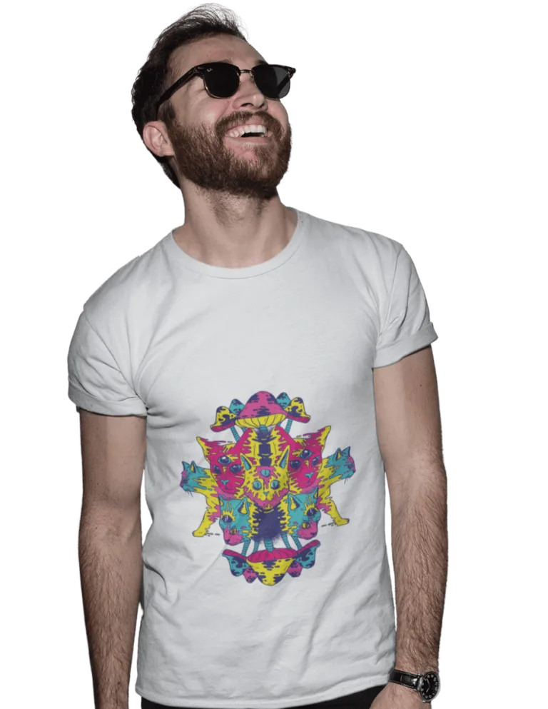 Playera Playera Blanca para Hombre de Gatos Psicodelicos