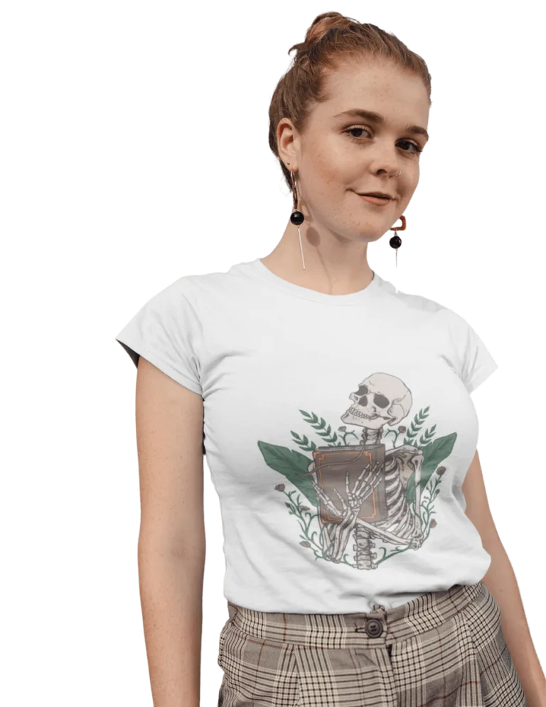 Playera Playera Blanca para Mujer de Calavera con Libro