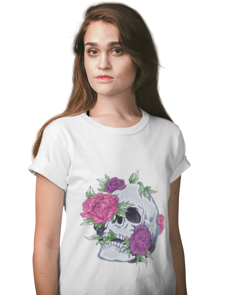 Playera Playera Blanca para Mujer de Calavera con Rosas