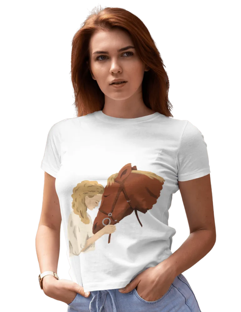 Playera Playera Blanca para Mujer de Chica con Caballo