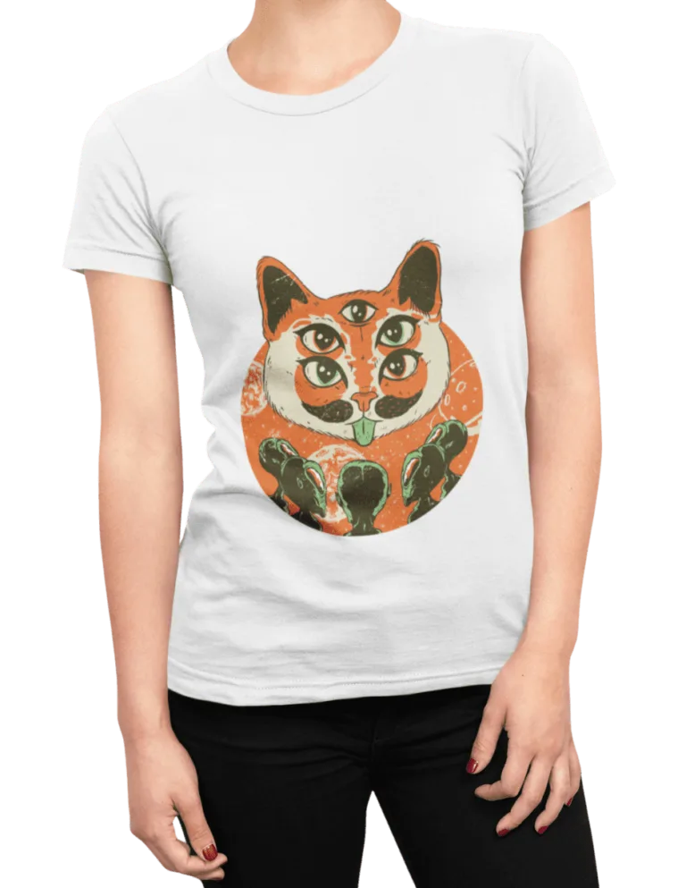 Playera Playera Blanca para Mujer de Gato con Aliens