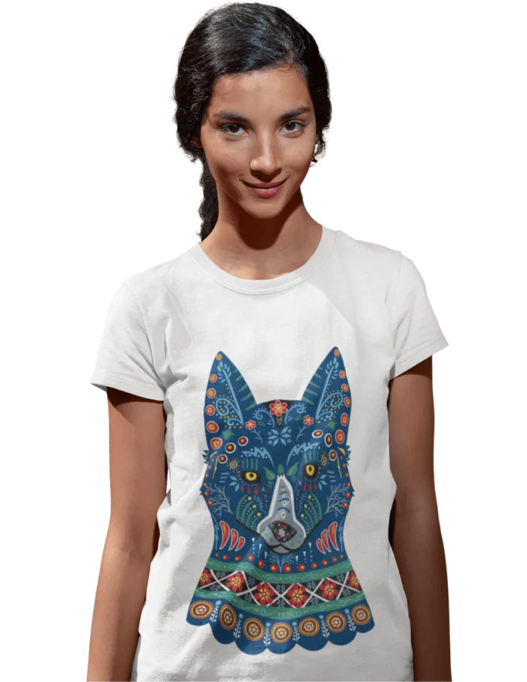 Playera Playera Blanca para Mujer de Lobo Azul Huichol