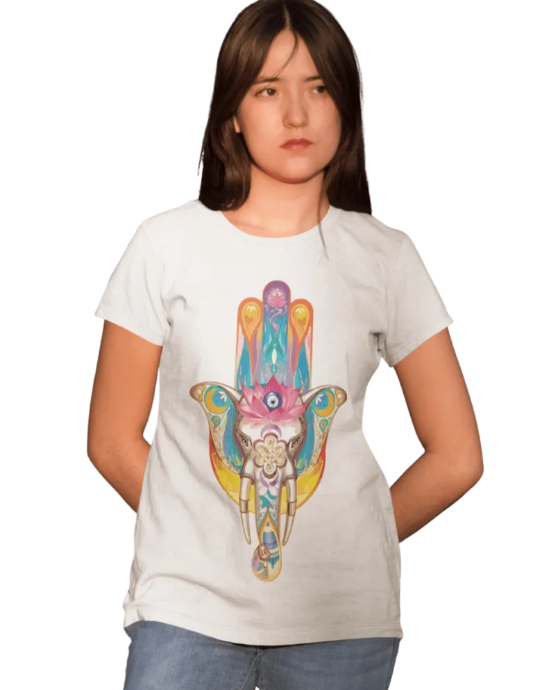 Playera Playera Blanca para Mujer de Mano de Fatima con Elefante